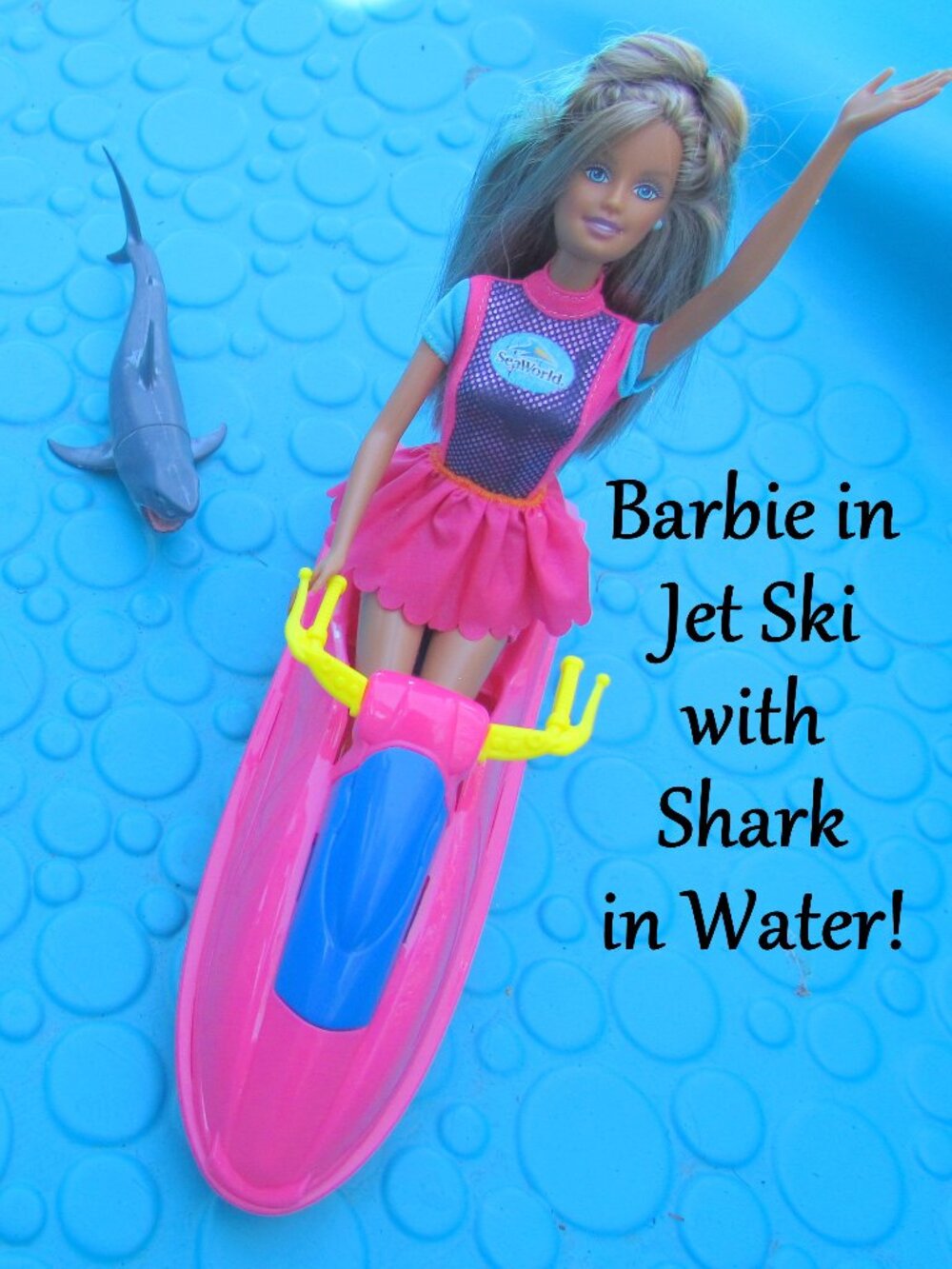 BARBIE + JET SKI + SHARK, 1978 TAN BARBIE w BEAUTIFUL STREAKED HAIR; POOL FUN!